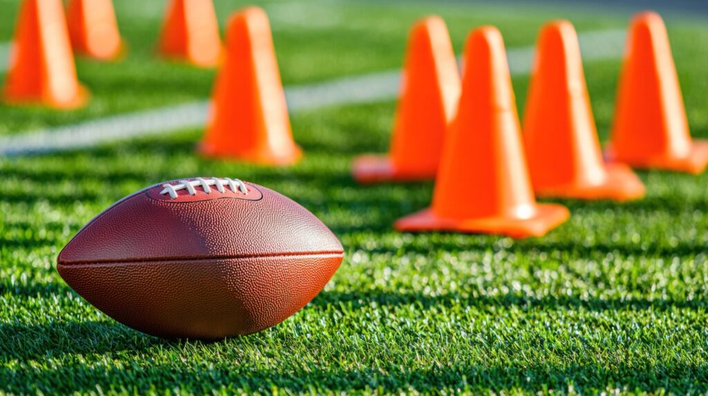 Sports equipment for field games, including a football and cones, on green grass.